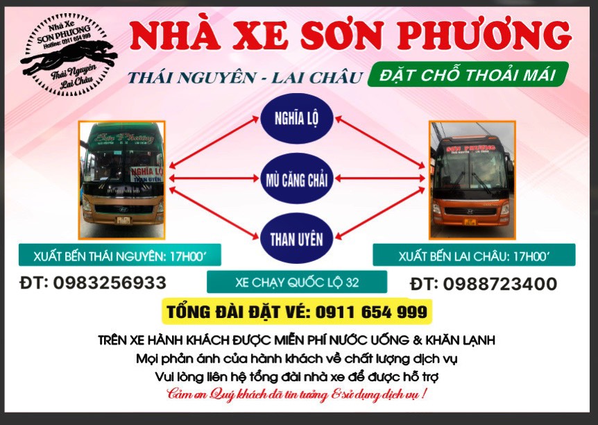 Xe khách Sơn Phương Lai Châu đi Phú Thọ (Việt Trì, Thanh Sơn). Đặt xe 0911 654 999